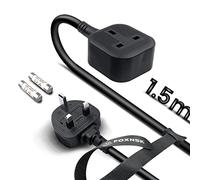 FOXNSK Single Plug Extension Lead 1.5M, 1 Way Gang Single Socket Extension Lead Surge Protected, 13amp 250V 3kw UK 3 Pin Fused Mains, Rubber, Tough and Fireproof, Black