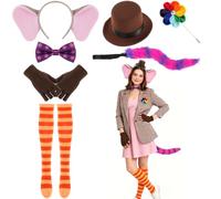 Foxtell 7 Peices Halloween Inside Costume Pink Elephant Costume for Adult, Mini Bowler Hat Leg Warmers Gloves Bow Tie Ears Headband Flower Pins Tail, Cotton Candy Accessories for Women Men Cosplay
