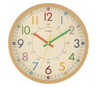 Foxtop Kids Learning Wall Clock Silent Non Ticking 12 Inch Analogue Children's Clock for Learning the Time,Easy Reading, Children's Room Nursery Room Decoration Colourful Design（24H）
