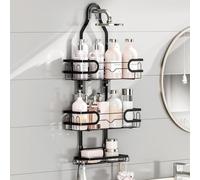 FOXWHALE Hanging Shower Shelf - Shower Shelf for Hanging with Shaving Stand & Soap Holder and Multiple Hooks, Black, No Drilling, Hanging Shower Basket for Bath Bombs, Towel, Bath Brush