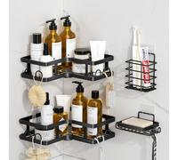 FOXWHALE Pack of 4 Shower Shelves, No Drilling, Corner Shower Shelf, Bathroom Shelf with Hooks, Black Shower Gel Holder with 1 Toothpaste Holder and 1 x Soap Holder, Bathroom Organiser for Bathroom