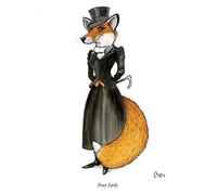 "Foxy Lady" funny greeting card of fox dressed in hunting attire. Iconic cartoon image by Bryn Parry. Large A5 size, blank on the inside, cellophane wrapped with envelope.