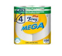 Foxy Mega Kitchen Towel - Long Lasting Household Paper - Patented Vortex Embossed Design - 4 Rolls of 100 Sheets - 400 Sheets Total