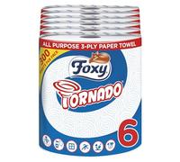 Foxy Tornado Kitchen Roll (Pack of 6) - Ultra Absorbent 3-Ply Kitchen Towel with Vortex Embossing - 300 Extra-Large Sheets Per Jumbo Roll (240 x 226mm) - Strong & Reliable - FSC® Certified