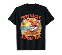 Foxy Vacay Sunset Zen - Cool Beach Fox with Ghosts, Pumpkins T-Shirt