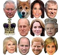 FoxyPrinting 12 Pack of King Charles Face Masks Royal Pack - CORONATION Minxed Royal Family Celebrity Cardboard Party Face Mask PACK Fancy Dress for King Charles Street party