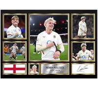 FoxyPrinting Henry Pollock England Rugby Poster - Printed Autograph Wall Art - England Rugby Union Rising Star Collage - Six Nations Rugby Fan Gift Decor, A3 Poster + Black Frame