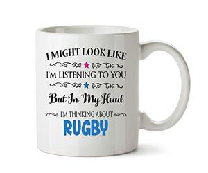 FoxyPrinting I Might Look Like I'm Listening to You But in My Head i am Thinking About Rugby - Coffee Mug