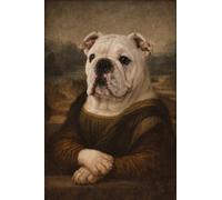 FoxyPrinting Mona Lisa Bulldog Portrait Poster - Funny Renaissance Bulldog Wall Art - Classic Art Parody Dog Painting - Vintage Pet Decor, A4 Poster + Silver Frame