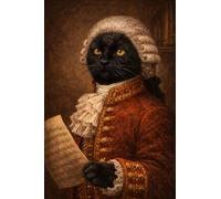 FoxyPrinting Mozart Cat Portrait Poster - Classical Composer Cat Wall Art - Funny Baroque Cat Painting - Vintage Music Pet Decor, A4 Poster + White Frame