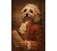 FoxyPrinting Mozart Dog Portrait Poster - Classical Composer Dog Wall Art - Funny Baroque Dog Painting - Vintage Music Pet Decor, A4 Poster + Silver Frame