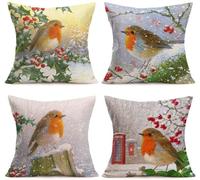 Foyaya Cushion Covers Robin Bird Cushion Cover 35x35cm Set of 4 Velvet Sofa Cushions Decorative Square Pillow Covers for Farmhouse Home Office Couch Bedroom Car Pillowcase 14x14 inch