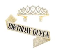 Foyscr Birthday Queen Sash with Rhinestone Tiara Kit for 21st, 30th, 40th, Women's Birthday Sash, Birthday Party Decoration Supplies (Gold)