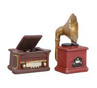 FOYTOKI 2pcs Mini Retro Phonograph Figurines for Dollhouse Vintage Resin Gramophone Record Player Ornaments Compact Music Room Home Office Decorations with Historical Appeal and Space