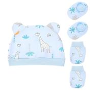 FOYTOKI 3pcs Set Cotton Hat Mittens and Socks with Giraffe Print Blue Base Soft Preemie Outfit for Care