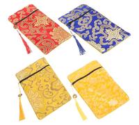 FOYTOKI 4pcs Brocade Satin Dragon Pattern Scripture Pouches with Zipper Tassel, Double-Layer Buddhist Book Storage Bags 10x19cm, Ethnic Style Organizer for Temple Supplies and Jewelry