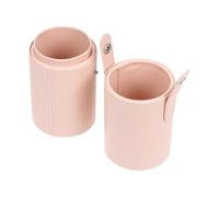 FOYTOKI Portable Makeup Brush Storage Bucket with Lid Pu Leather Cosmetic Brush Organizer Small Beige Travel Cosmetic Container and Eyebrow Pencils Dustproof Standing Holder for Vanity