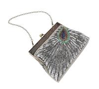 FOYTOKI Vintage Silver Peacock Clutch Bag for Women Handmade Design with Sequin and Bead Embroidery Polyester Evening Handbag for Formal Events and Party