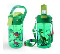 Foyucool 600ml Water Bottles Kids with Straw, Leakproof Spray Mist Drinks Bottle with Secure Lock, Soft Handle & Detachable Strap for Carry, Ideal for School, Outdoors, Dinosaur Design, Green