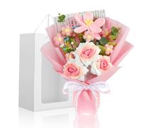 Foyucool Crochet Flowers Bouquet, Handmade Knitted Tulip Rose Bouquet with Gift Bag for Home Deocor, Crocheted Finished Flower for Wedding, Mother's Day, Teachers' Day and Valentine's Day, Pink