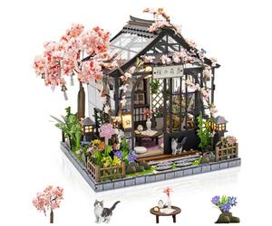 Foyucool DIY Miniature House Kit for Adults, Sakura Greenhouse | Tiny House Craft Kit with LED Lights, Cozy Home Decor, Unique Gift for Christmas, Birthdays, Mother's & Valentine's Day