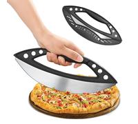 Foyucool Large Pizza Rocker Cutter with Protective Cover, 29cm Stainless Steel Slicer with 6 Holes Herb Stripper, Ergonomic Non-Slip Handle, for Cake, Bread, Herb Cutting