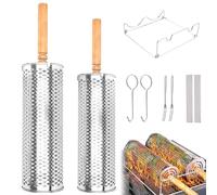 Foyucool Nesting Grill Baskets, 2 Pieces Rolling Grill Basket, BBQ Accessories, Thickened Stainless Steel, Removable Wooden Handle, with Rotating Stand, for Outdoor BBQ, Camping, for Meat Vegetables