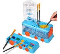 Foyucool Paint Brush Cleaner with 10 Brush, Paint Brush Rinser Station with Palette, Train Design, Automatic Water Cycle Paint Brush Washer Tool for Acrylics, Watercolour Paint, Blue