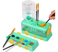 Foyucool Paint Brush Cleaner with 10 Brush, Paint Brush Rinser Station with Palette, Train Design, Automatic Water Cycle Paint Brush Washer Tool for Acrylics, Watercolour Paint, Green
