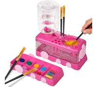 Foyucool Paint Brush Cleaner with 10 Brush, Paint Brush Rinser Station with Palette, Train Design, Automatic Water Cycle Paint Brush Washer Tool for Acrylics, Watercolour Paint, Red