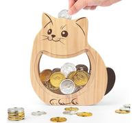 Foyucool Wooden Money Box with Clear Acrylic Window, Adorable Cat Piggy Bank for Kids | Personalised with DIY Stickers, Learning Savings for Boys & Girls, Birthday Idea