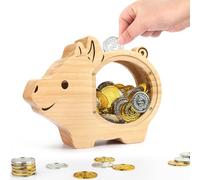 Foyucool Wooden Money Box with Clear Acrylic Window, Cute Little Piggy Bank for Kids | Personalised with DIY Stickers, Learning Savings for Boys & Girls, Birthday Idea
