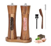 Foyucool Wooden Salt and Pepper Grinder Set with Brush and Spoon, 8 inch Manual Salt and Pepper Mill, Adjustable Coarseness, Refillable Pepper Grinder with Ceramic Core for Kitchen, Transparent
