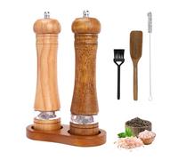 Foyucool Wooden Salt and Pepper Grinder Set with Mill Tray, 8 inch Manual Refillable Pepper Mill of 2, Adjustable Coarseness, Ceramic Grinding Rotor, for Chilli, Lilac, Pepper, Salt, Wooden Brown