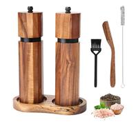 Foyucool Wooden Salt and Pepper Grinder Set with Wooden Tray and Spoon, 8 Inch Manual Salt and Pepper Mill, Adjustable Coarseness, Refillable Pepper Grinder with Ceramic Core for Kitchen, Octagonal