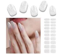 Foyute Semi Cured Gel Nail Strips, 20 Pcs Soft Self-Adhesive Gel Nail Polish Wraps Sticker for Salon-Quality Manicure Set,Long Lasting,Easy to Apply & Remove, Nail File & Wooden Stick (Silver glitter)