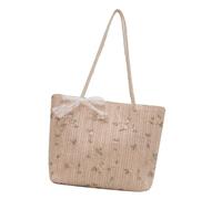 [Fpbiagoq] Delicate Lace Bow Flower Flower Embroidery Large Capacity Handbag Beach Shopper Bag Elegant Straw Weave Shoulder Bag with Lace Shoulder Bag, white, 白い花