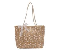 [Fpbiagoq] Delicate Lace Bow Flower Flower Embroidery Large Capacity Handbag Beach Shopper Bag Elegant Straw Weave Shoulder Bag with Lace Shoulder Bag, Khaki, 白い花