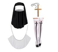 [Fpbiagoq] Nuns Costume Accessories Set Catholic Hat Cross Pendant Necklace Cross Print Thigh High Socks Collared Nunon Set
