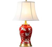 FPLMARD Chinese Handmade Red Bird Ceramic Table Lamp, Bedside Lamp For White Linen Drum Lamp And Decorative Bedside Lamp For Bedroom, Office And Den