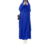 FPOVFPO Womens Muslim Abaya Solid 2 Piece Prayer Dress Islamic Maxi Kaftan with Hijab Dubai Full Length Dress, Navy Blue, One Size