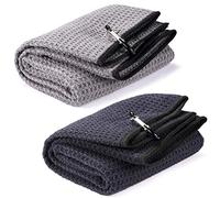 Fpxnb 2 Pack 16" x 24" Tri-fold Golf Towel Set, Microfiber Fabric Waffle Pattern Towels, Heavy Duty Carabiner Clip (2 Pcs, 2 Colors)