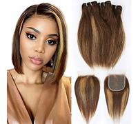 FQ 4/27 Highlight Bundles and Closure Straight P4/27 Human Hair Bundles with Closure (10, 10, 10+10) Brazilian Ombre Honey Blonde Short Bob 50g 3 Bundles with 4x4 Lace Closure