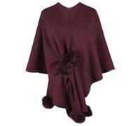FQCXCKJ Women's Knitted Poncho Cape with Hairball Patchwork Batwing Sleeves Solid Color Cardigan Cloak Winter Sweater Coat (Burgundy)