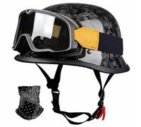 FQJVTDR German Retro Motorcycle Half Helmet,ECE 22.06 Carbon Fiber,with Goggles and Face Scarf,Unisex for Cruiser and Street,M-3XL (57-66cm)
