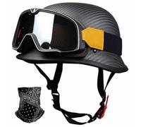 FQJVTDR German Retro Motorcycle Half Helmet,ECE 22.06 Carbon Fiber,with Goggles and Face Scarf,Unisex for Cruiser and Street,M-3XL (57-66cm)