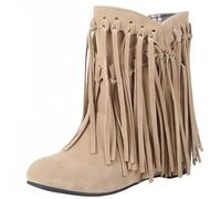 FQLGJMY Suede Tassel Ankle Boots for Women Classic Vintage Round Toe Hidden Wedge Heel Low Heel Western Outdoor Short Booties with Zipper Autumn Winter Flats