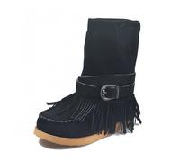 FQLGJMY Suede Tassel Ankle Boots for Women Classic Vintage Round Toe Hidden Wedge Heel Low Heel Western Outdoor Short Booties with Zipper Autumn Winter Flats