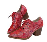 FQLGJMY Women Ankle Boots Martin Bootie Vintage Ethnic Bohemian Embroidery Leopard Low-cut Chunky Block Heel Pointed Toe Lace Up Shoes for Dress Skirt Jeans Casual Everyday Party Date Travel