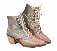 FQLGJMY Women Ankle Boots Martin Bootie Vintage Ethnic Bohemian Embroidery Leopard Low-cut Chunky Block Heel Pointed Toe Lace Up Shoes for Dress Skirt Jeans Casual Everyday Party Date Travel